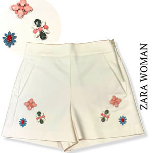 Zara Woman High-Waist Colorful Bead-Embellished Shorts in Creamy Off-White, XS